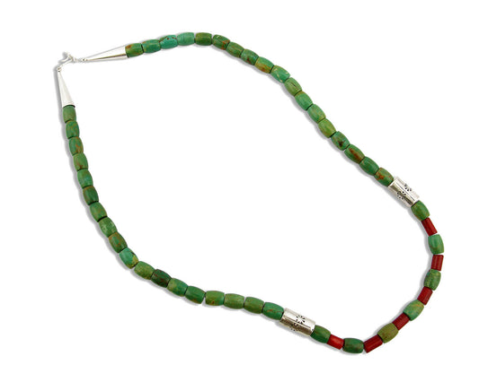 Navajo Necklace .925 Silver Royston Turquoise & Coral C.80's
