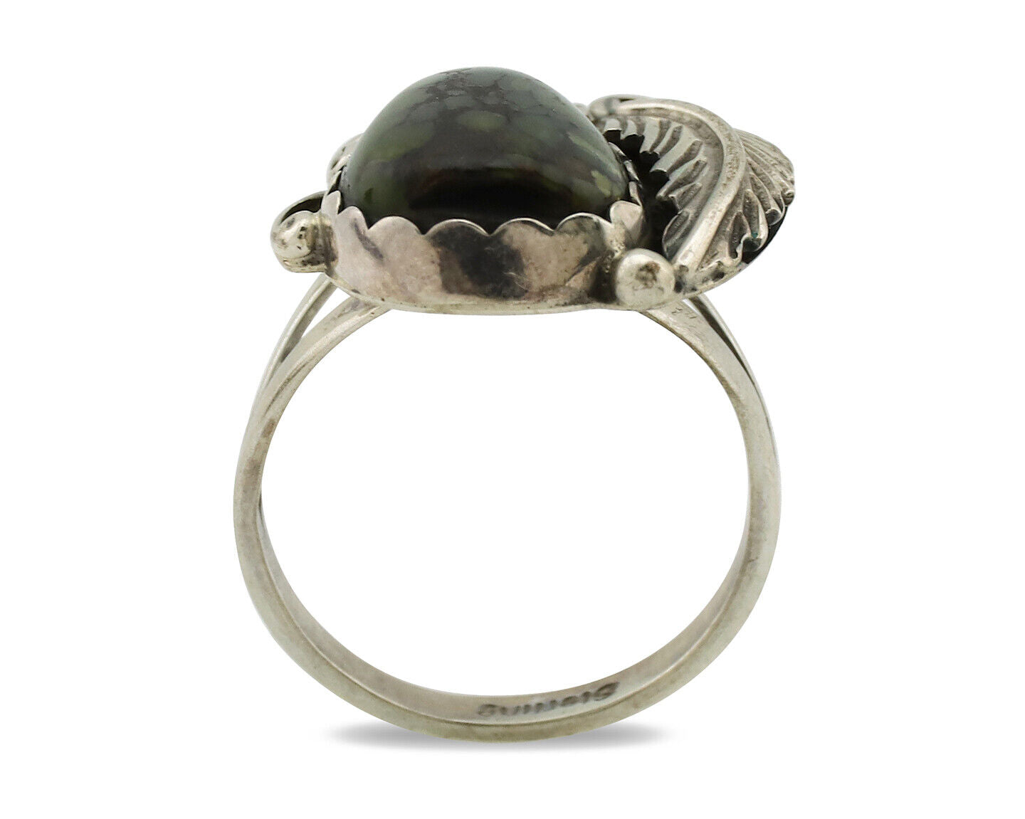 Navajo Ring .925 Silver Army Green Turquoise Native American Artist C.1980's