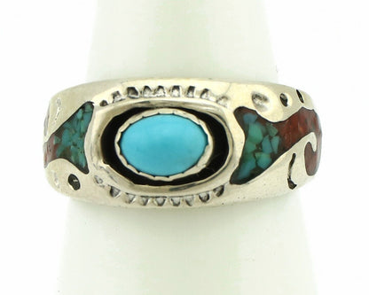Navajo Handmade Ring 925 Silver Blue Turquoise & Coral Native American C.80's