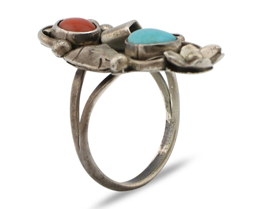 Navajo Handmade Ring 925 Silver Turquiose & Coral Artist Signed EB C.80's