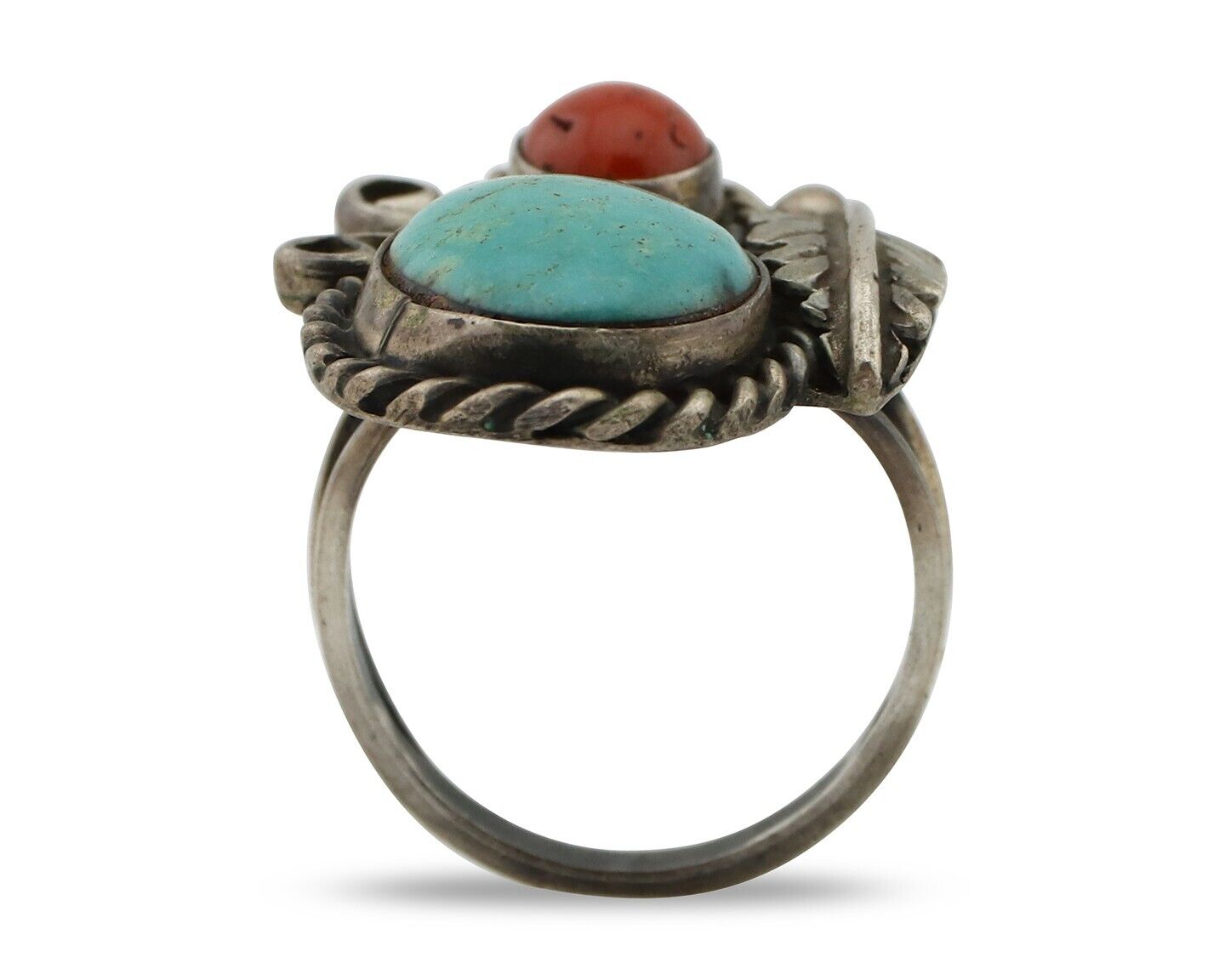 Navajo Handmade Ring 925 Silver Turquiose & Coral Native American Artist C.80's