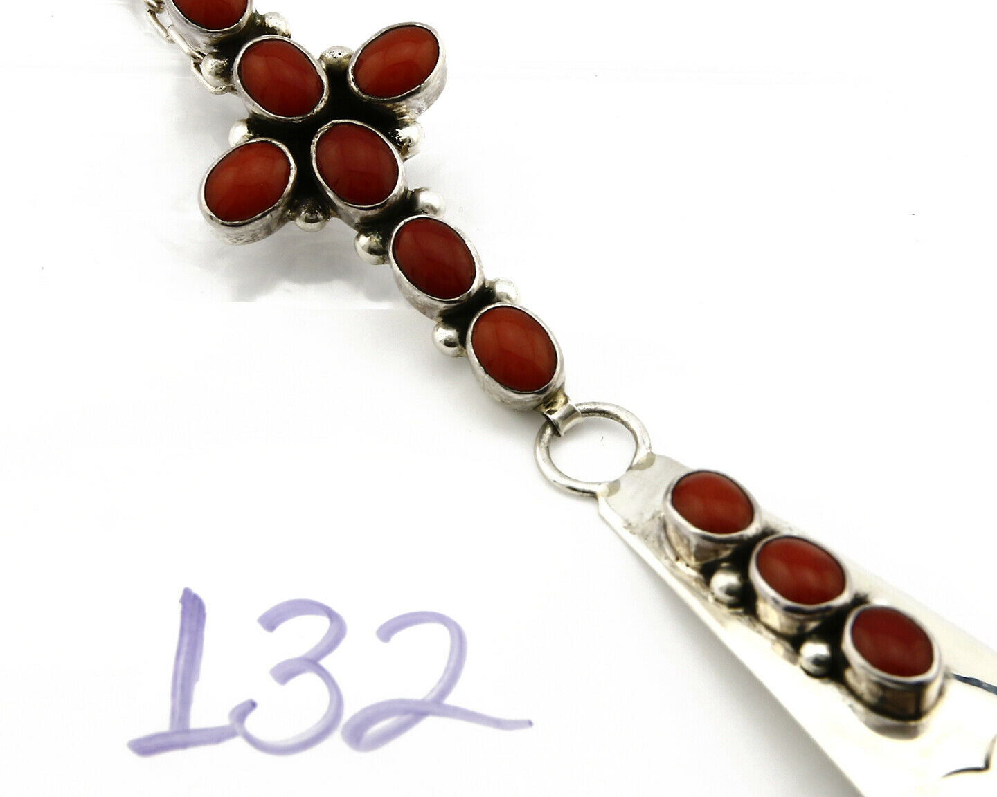 Women's Navajo Necklace .925 Silver Mediterranean Coral Pendant Signed