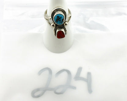 Navajo Ring .925 Silver Red Coral & Blue Turquoise Native Artist C.80's