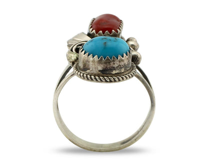 Navajo Ring 925 Silver Blue Turquiose & Coral Artist Signed Justin Morris C.80's