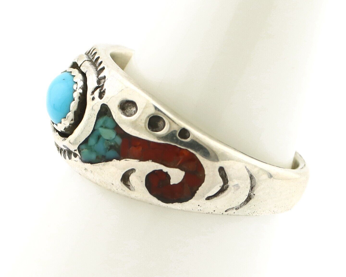 Navajo Handmade Ring 925 Silver Blue Turquoise & Coral Native American C.80's