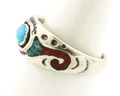 Navajo Handmade Ring 925 Silver Blue Turquoise & Coral Native American C.80's