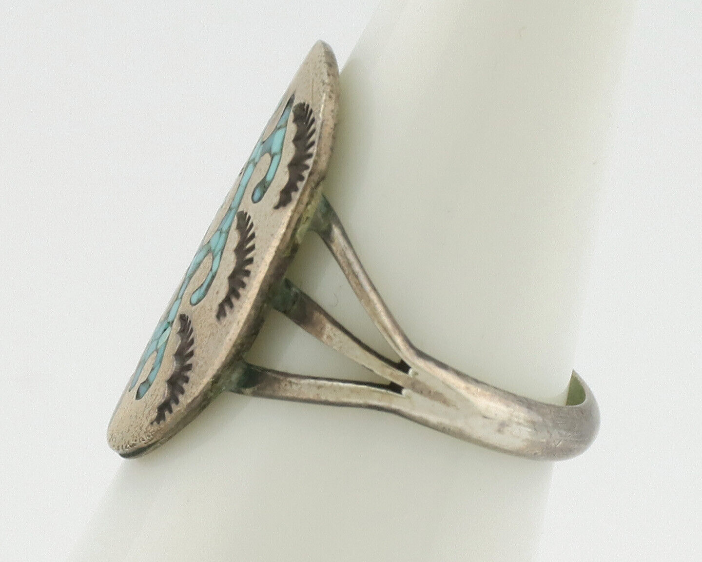 Small Navajo Ring 925 Silver Chip Inlay Turquoise Artist Signed NAKAI C.80's