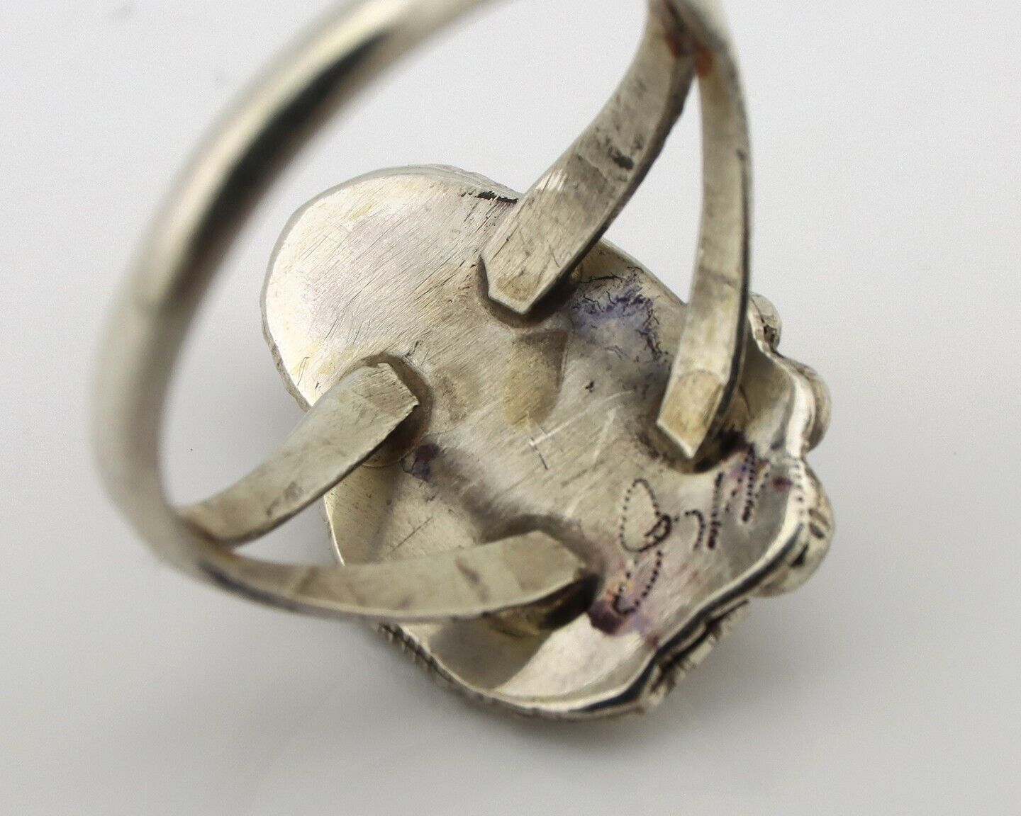 Navajo Ring .925 Silver Natural Pink Mussel Artist Signed Justin Morris C.80's
