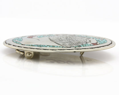 Navajo Belt Buckle .999 Nickle Silver Turquoise Coral Signed SD C.80's