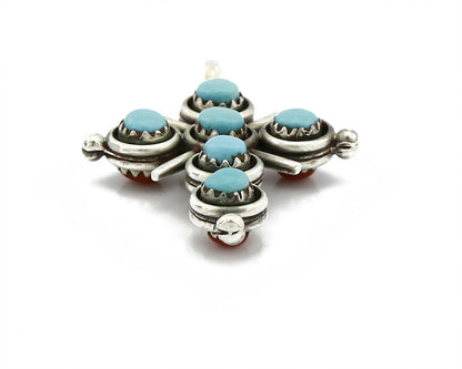 Zuni Natural Turquoise and Coral Reversible 925 Silver Handmade Pendant