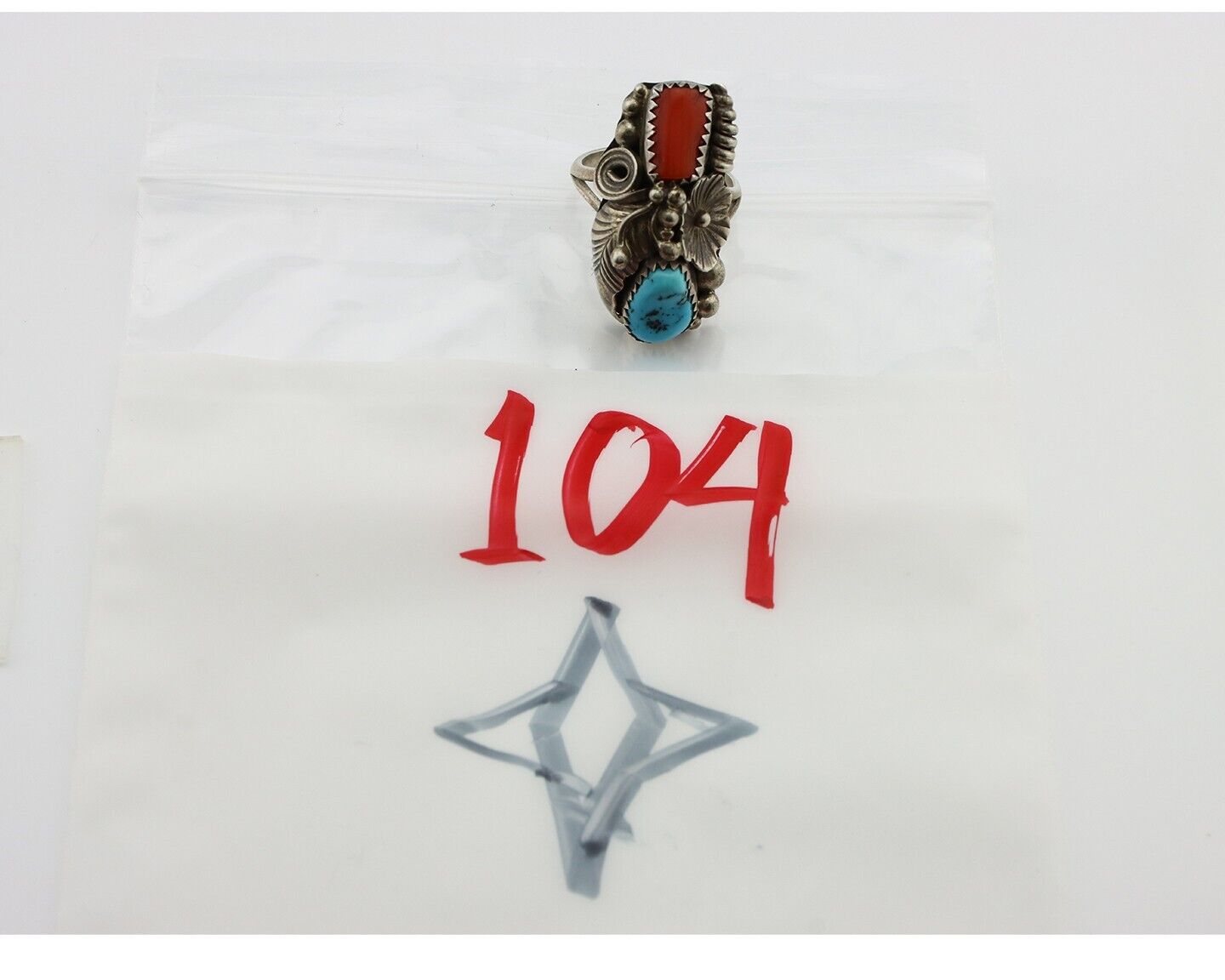 Navajo Handmade Ring 925 Silver Turquiose & Coral Native American Artist C.80's
