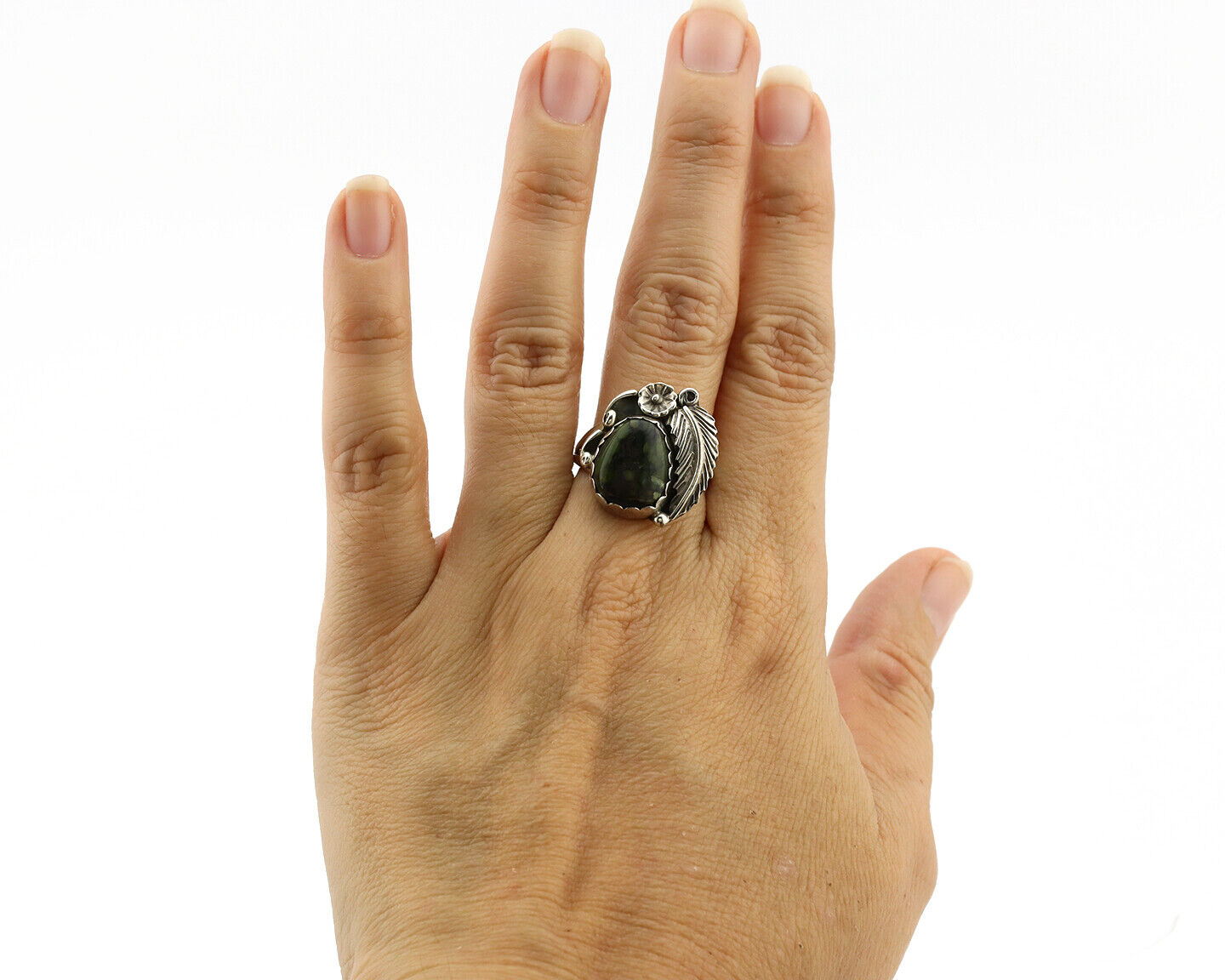 Navajo Ring .925 Silver Army Green Turquoise Native American Artist C.1980's