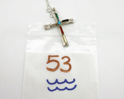 Zuni Handmade Cross Necklace 925 Silver Natural Gemstone Signed L. IULE C.80's