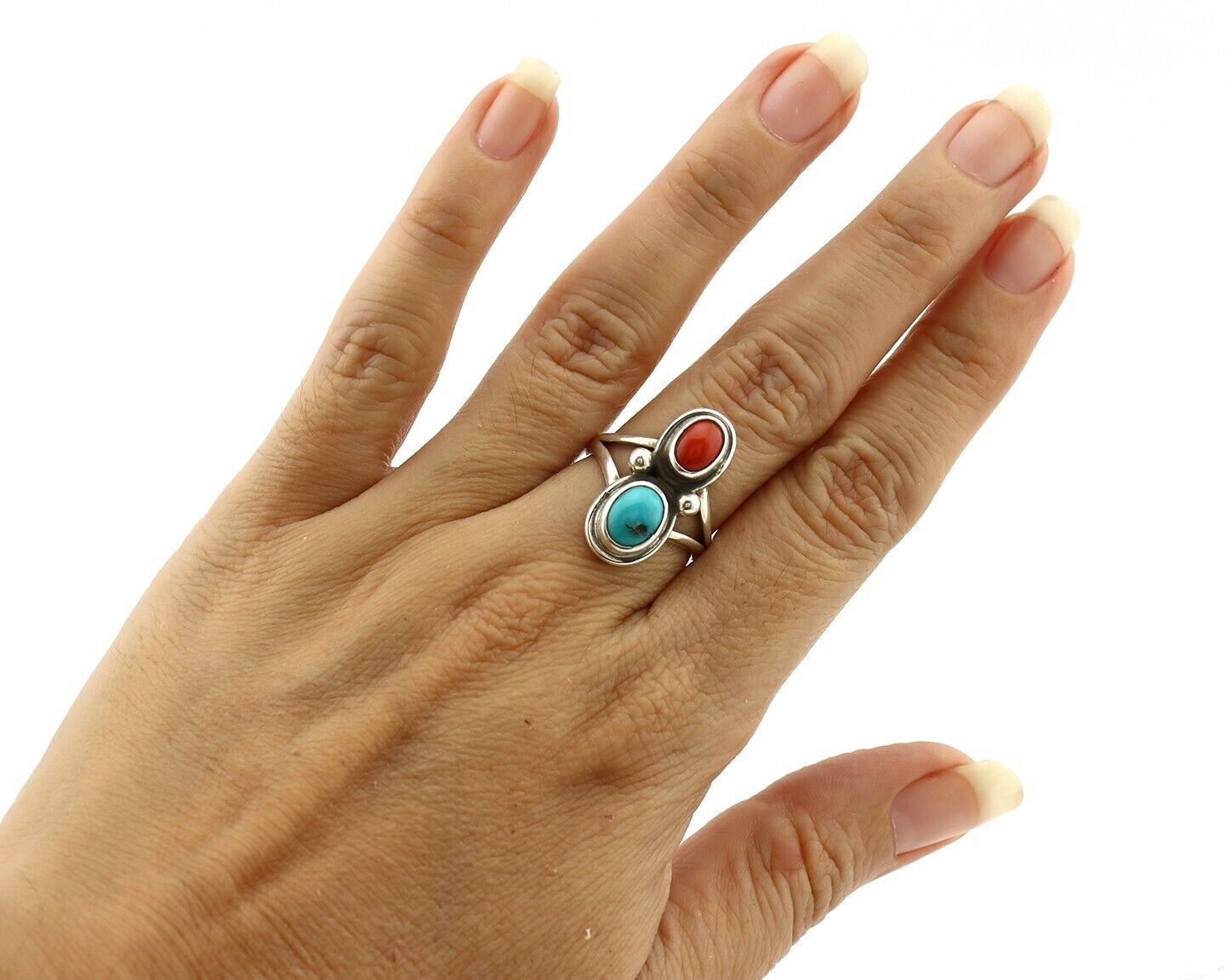 Navajo Handmade Ring 925 Silver Coral & Turquoise Native American Artist C.80's