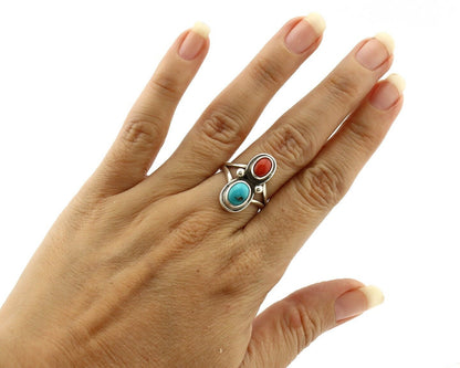 Navajo Handmade Ring 925 Silver Coral & Turquoise Native American Artist C.80's