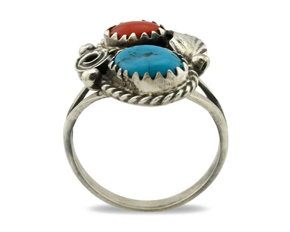 Navajo Ring .925 Silver Turquoise & Coral Artist Signed J Morris C.80's
