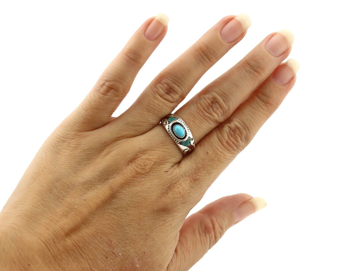 Navajo Inlay Band Ring 925 Silver Turquoise & Coral Native Artist C.80's