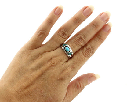 Navajo Inlay Band Ring 925 Silver Turquoise & Coral Native Artist C.80's