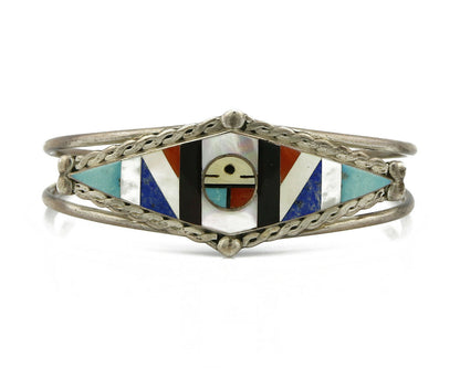 Navajo Unknown Artist Sun God Inlaid Gemstone .925 Silver Cuff Bracelet
