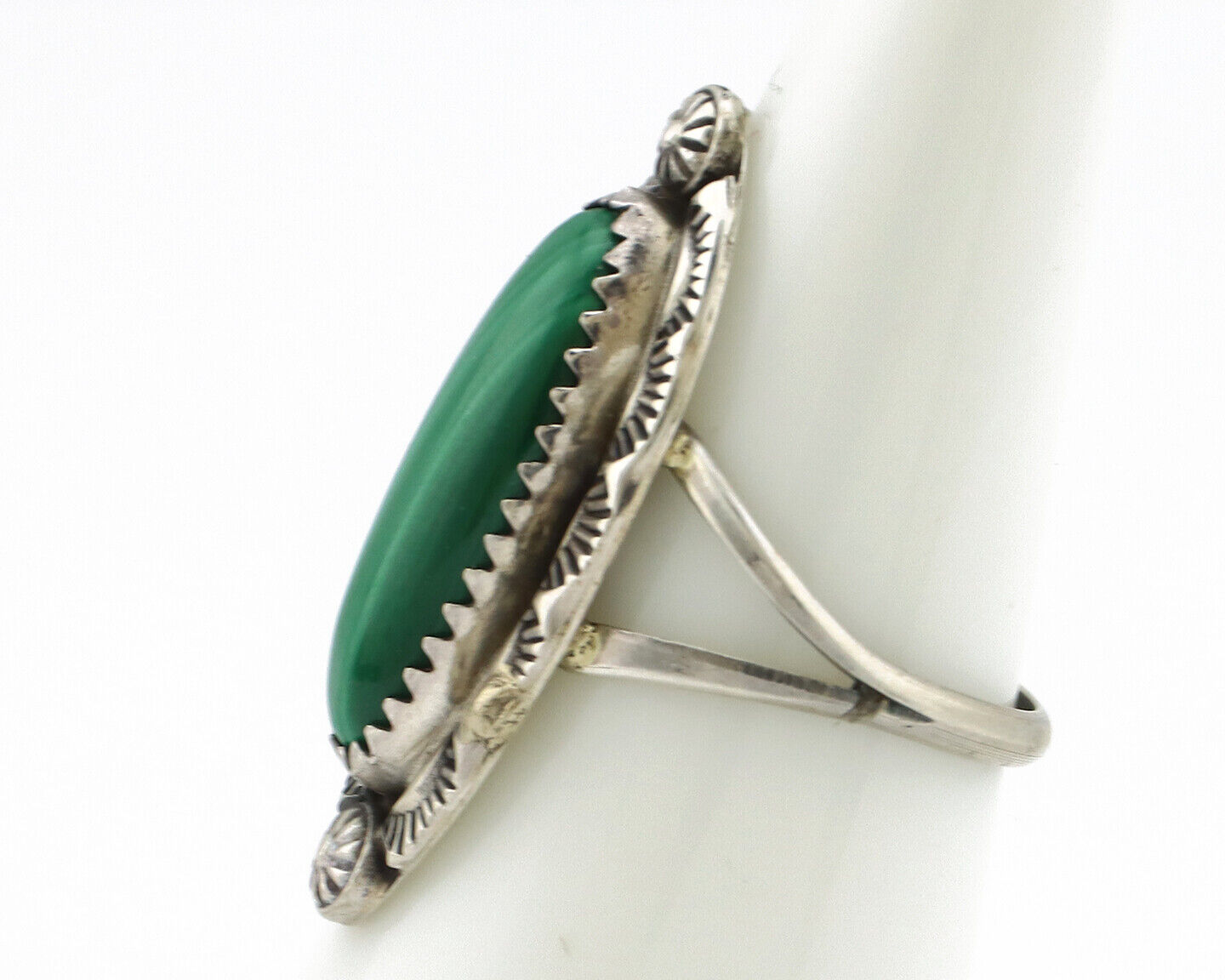 Navajo Ring 925 Silver Natural Malachite Artist Native American Signed H C.80's