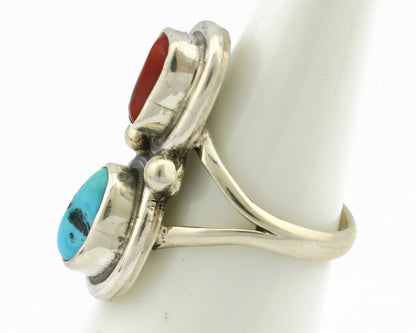Navajo Ring .925 Silver Blue Turquoise & Red Coral Native American Artist C.80's