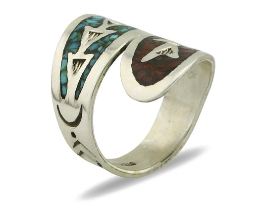 Navajo Chip Inlay Ring 925 Silver Turquoise & Coral Artist Native Artist C.80's