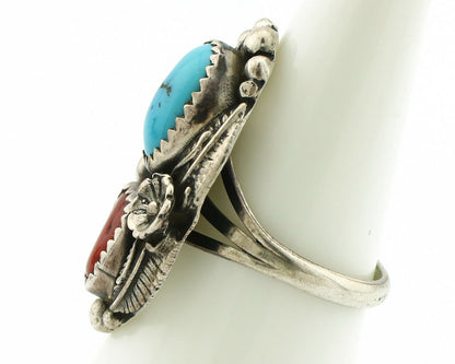 Navajo Ring .925 Silver Turquoise & Coral Artist Signed Thomas Singer C.80's
