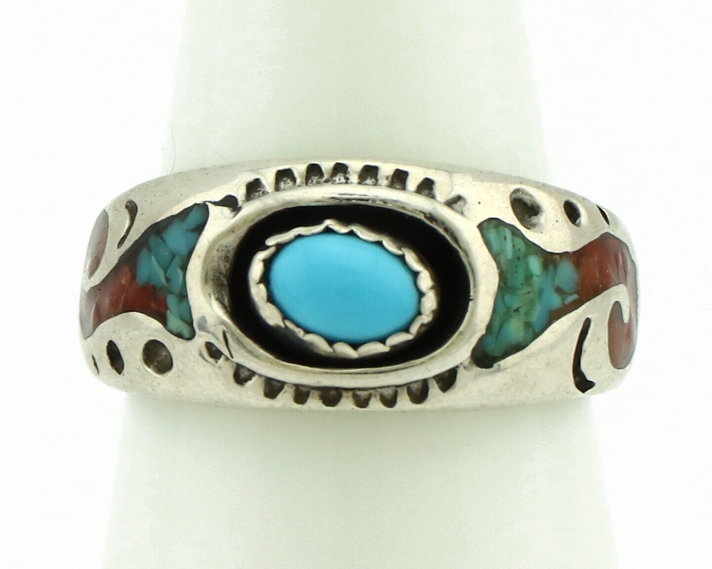 Navajo Handmade Ring 925 Silver Blue Turquoise & Coral Native American C.80's