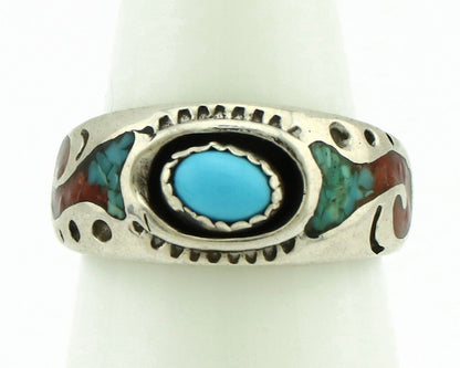 Navajo Handmade Ring 925 Silver Blue Turquoise & Coral Native American C.80's