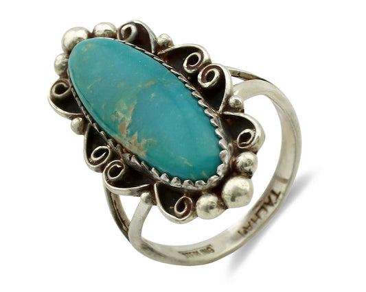 Navajo Ring .925 Silver Blue Southwest Turquoise Signed TALHAT C.80's