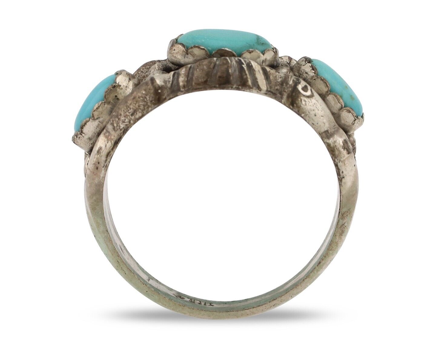 Navajo Ring .925 Silver Natural Blue Turquoise Artist Signed Sun Bell C.80's