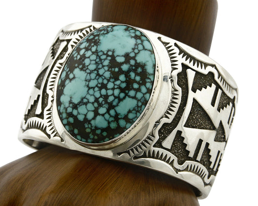 Navajo Cuff Bracelet .925 Silver Spiderweb Turquoise Signed Tommy Jackson C.80's