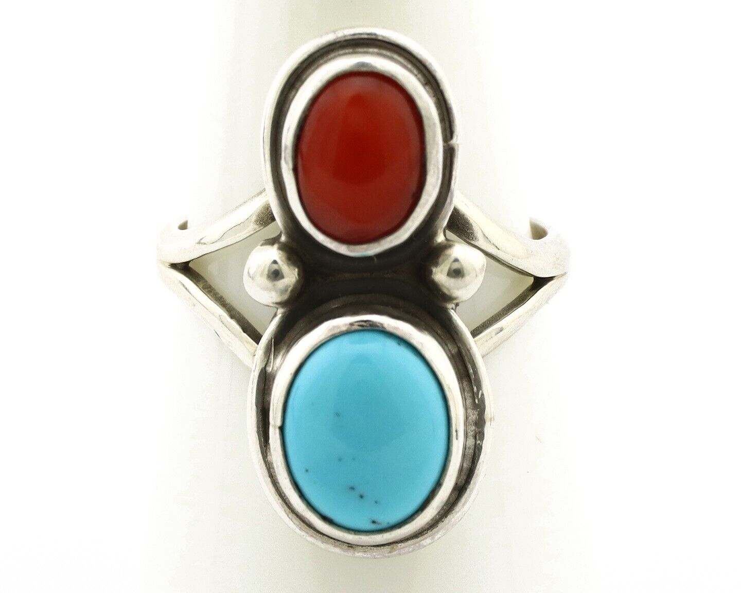Navajo Handmade Ring 925 Silver Coral & Turquoise Native American Artist C.80's
