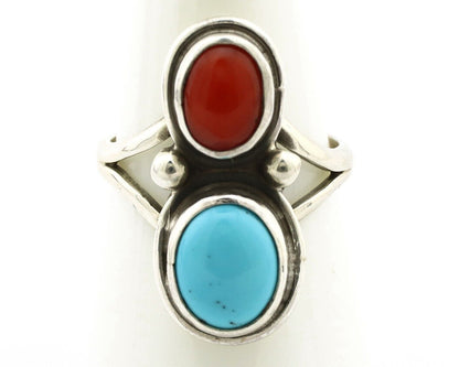 Navajo Handmade Ring 925 Silver Coral & Turquoise Native American Artist C.80's