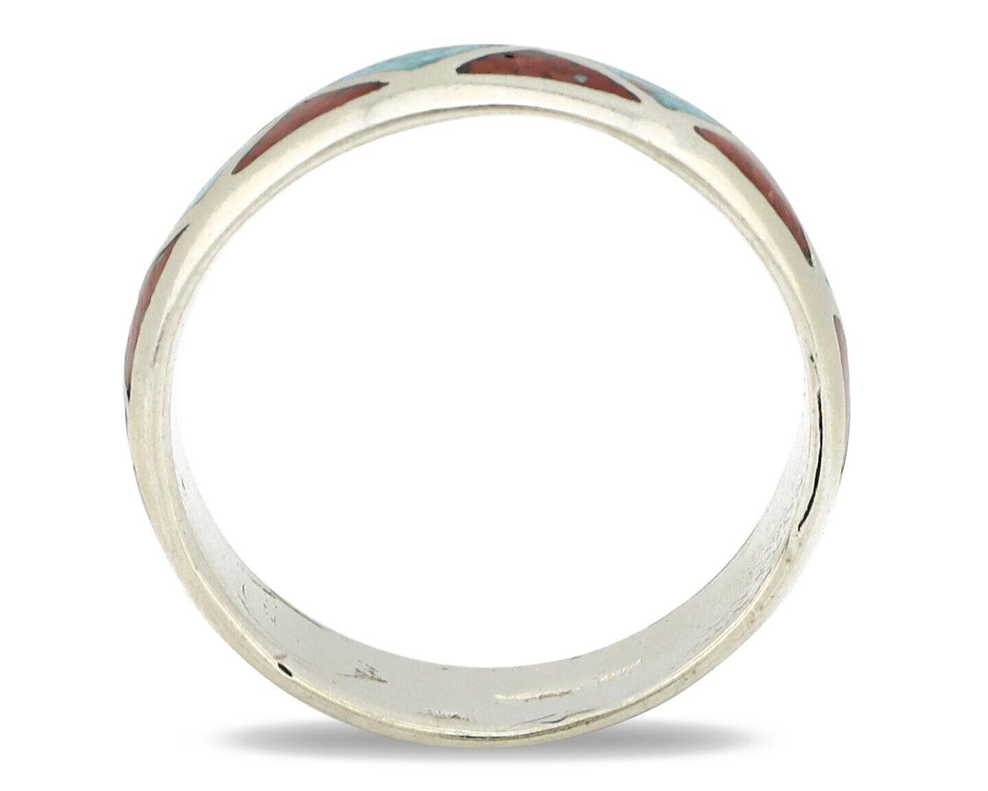 Navajo Chip Inlay Ring 925 Silver Sleeping Beauty Turquoise & Coral Silver Cloud