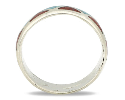 Navajo Chip Inlay Ring 925 Silver Sleeping Beauty Turquoise & Coral Silver Cloud