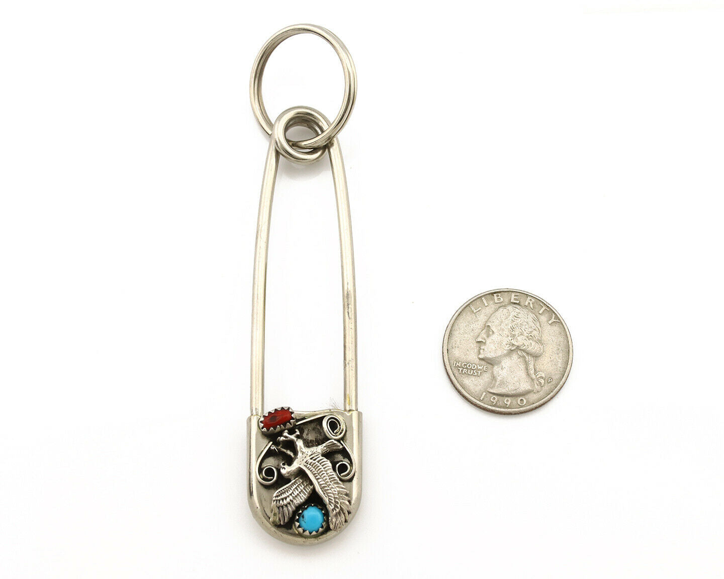 Navajo Handmade Key Chain .925 Silver Blue Turquoise & Coral Native Artist C80s