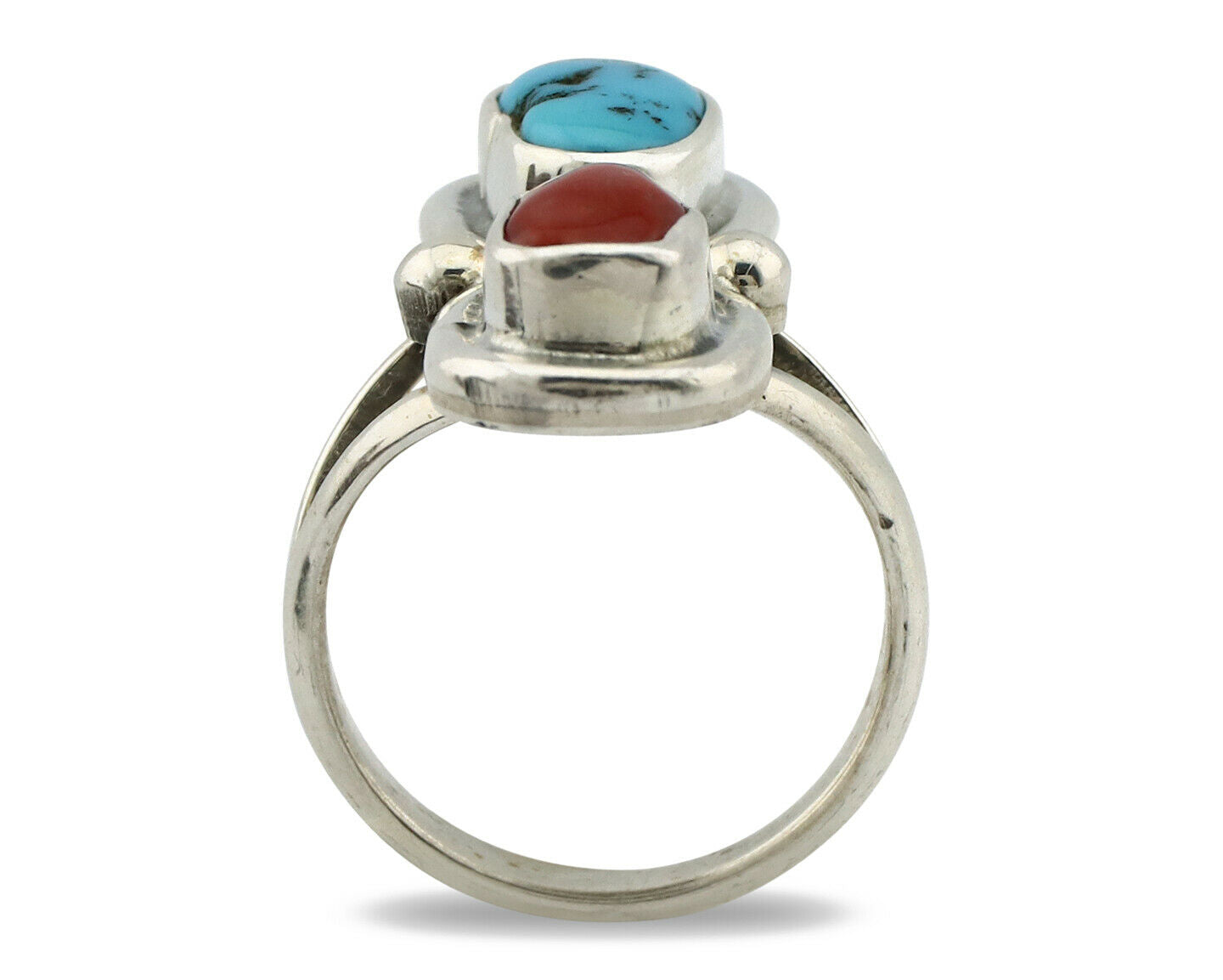 Navajo Ring .925 Silver Red Coral & Blue Turquoise Native Artist C.80's