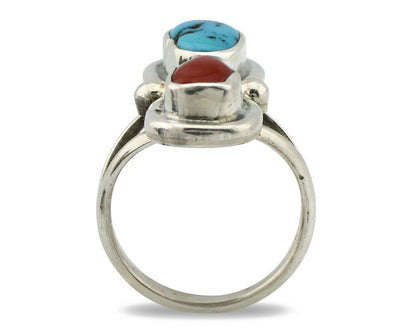 Navajo Ring .925 Silver Red Coral & Blue Turquoise Native Artist C.80's