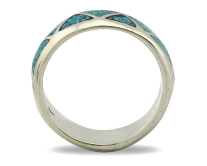 Navajo Chip Inlay Ring 925 Silver Sleeping Beauty Turquoise Artist Silver Cloud