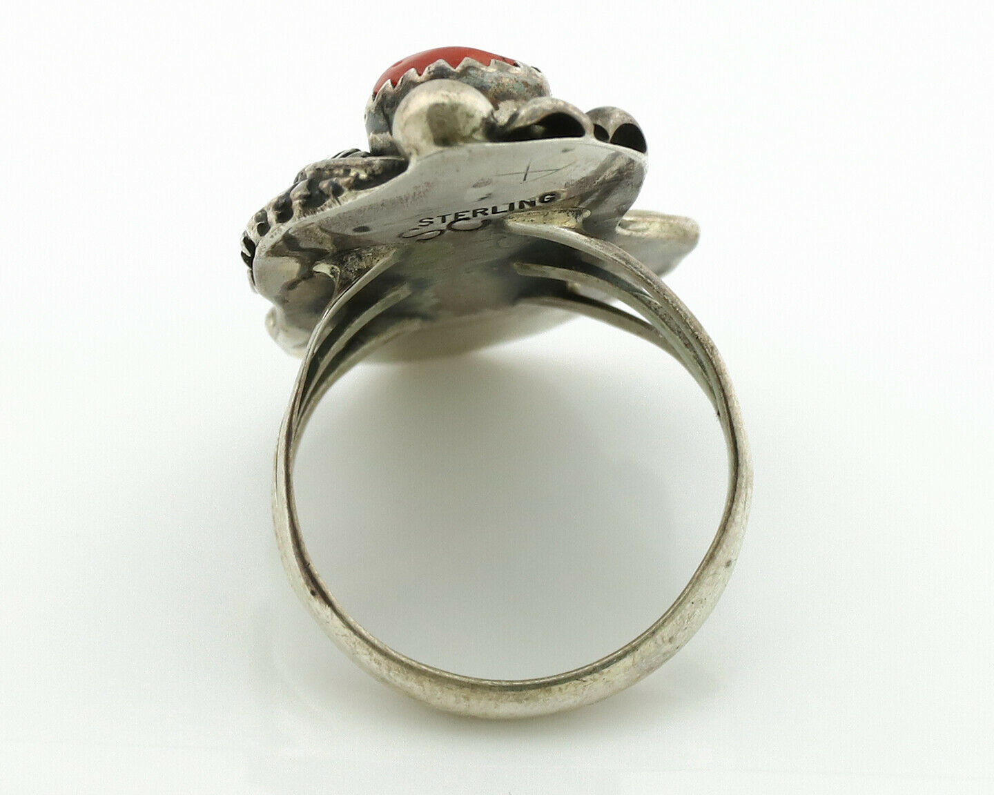 Navajo Ring .925 Silver Turquoise & Coral Artist Signed Thomas Singer C.80's