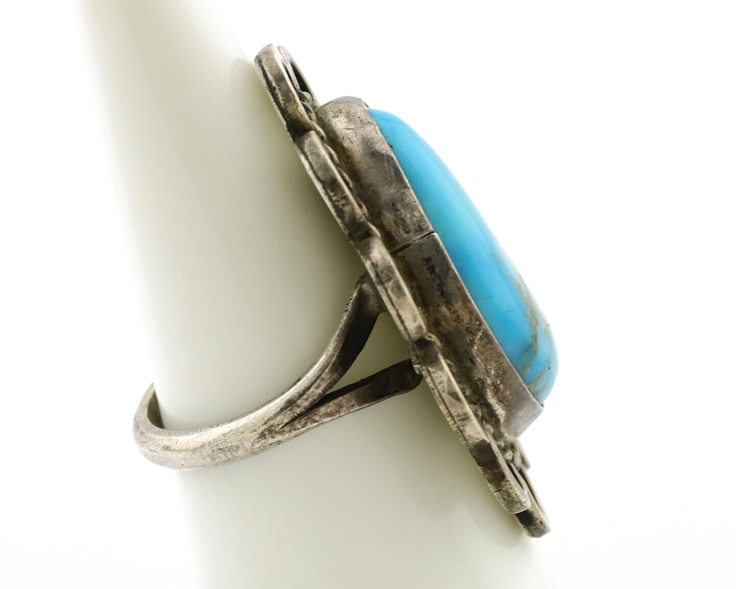 Navajo Ring .925 Silver Globe Turquoise Hand Stamped Native American Artist C80s