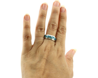 Navajo Chip Inlay Ring 925 Silver Sleeping Beauty Turquoise Artist Silver Cloud