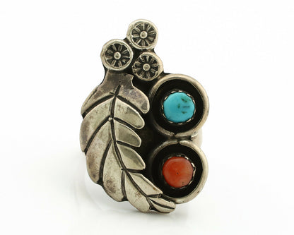 Navajo Ring .925 Silver Turquoise & Coral Native American Artist C.1980's