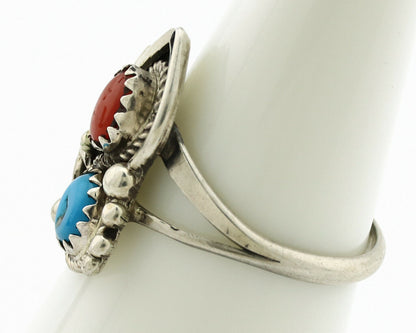 Navajo Ring .925 Silver Morenci Turquoise & Coral Native Artist Signed JM C.80's