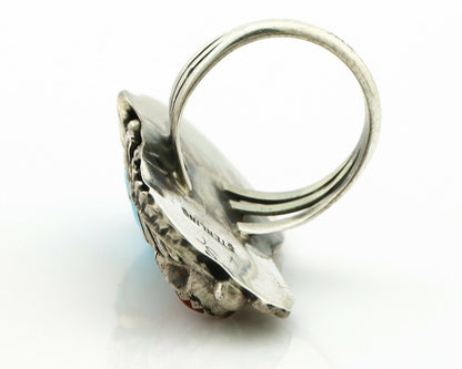 Navajo Ring .925 Silver Turquoise & Coral Artist Signed Thomas Singer C.80's