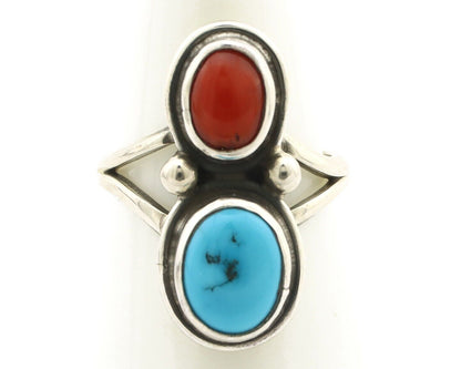 Navajo Inlay Band Ring 925 Silver Turquoise & Coral Native Artist C.80's