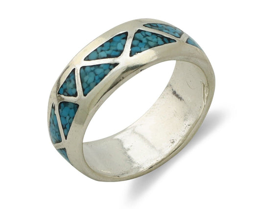 Navajo Chip Inlay Ring 925 Silver Sleeping Beauty Turquoise Artist Silver Cloud
