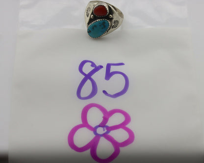 Zuni Ring .925 Silver Natural Turquoise & Coral Native American Artist C.1980's