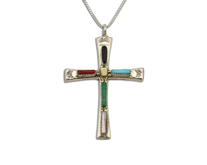 Zuni Handmade Cross Necklace 925 Silver Natural Gemstone Signed L. IULE C.80's